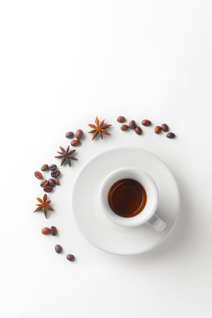 white coffee cup and beans on white background, Cup of espresso.Top viewの写真素材