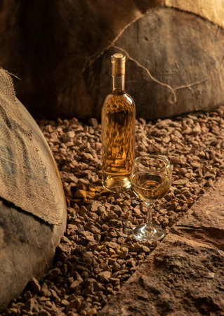 Wine bottle with White wine glass in a wine cellar