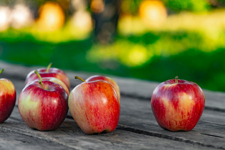 Ripe red apples on wooden background.の写真素材