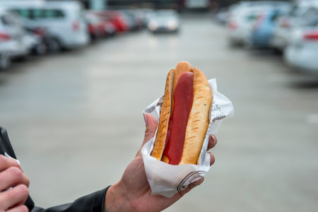 close up of hotdog in handの写真素材