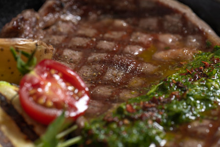 close-up of cooked steak with potatoes and vegetablesの写真素材