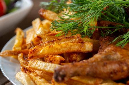 roasted chicken and french fries on a wooden tableの写真素材