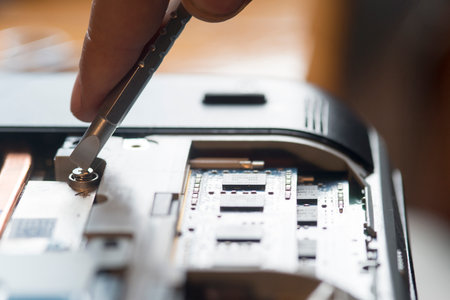 computer hardware, technology and communication concept-close upの写真素材