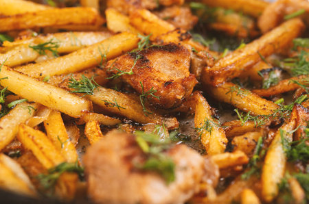 Fried Meat with fried halves of potatoes in a skillet