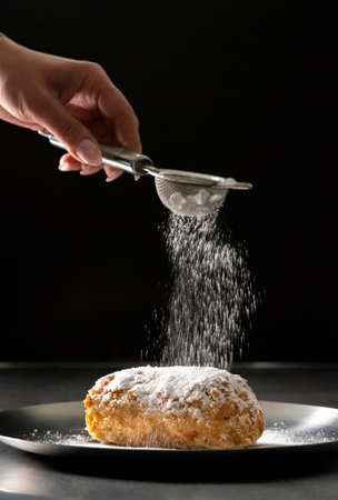 Napoleon cake with icing sugar on black background. Decorating napoleon cake with powdered sugar.