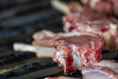 Closeup of grilling pork ribs, homemade barbecue.の写真素材