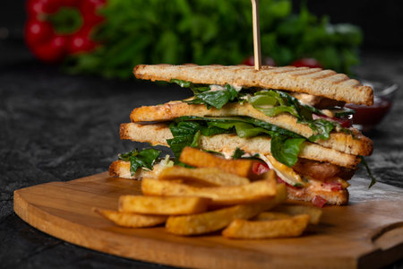 close-up shot of sandwiches with bacon and greens on wooden boardの写真素材