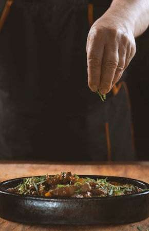 The chef prepares meat, vegetable and onion, sliced oriental or Asian foodの写真素材