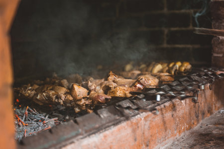 close-up view of gourmet meat and vegetables cooking on skewers with fire and barbecueの写真素材