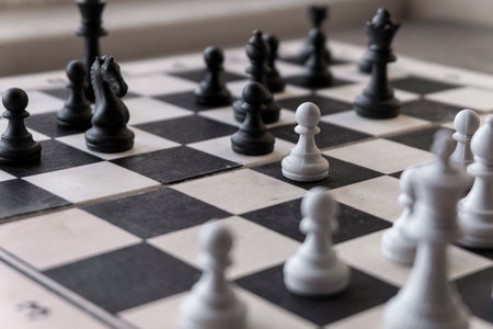 Black and white chess pieces on a chessboard. Close-up.の写真素材