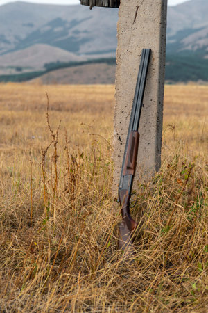 double-barrel shotgun with cartridges, leaning against a pole. Hunting conceptの写真素材