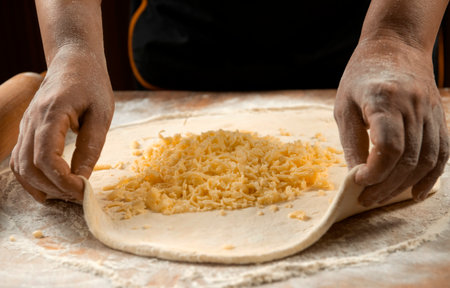 Chef preparing pizza. Cheese on pizza dough