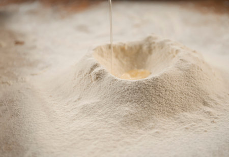 Close up of a mound of flour with yolk on itの写真素材