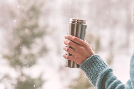 Woman in the background of a winter forest in a thermos bottle in handsの写真素材