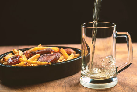 foam in a glass with beer and fried sausages with potatoes on a wooden background.