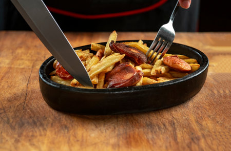 Fried sausages and potatoes in an iron pan