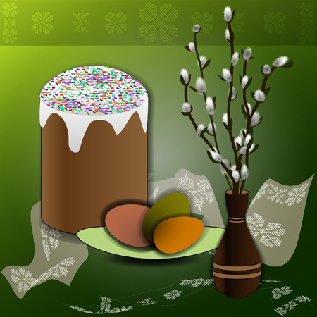 holiday table with willow, cake and Easter eggsのイラスト素材