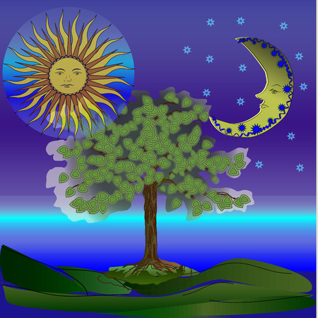 tree on a background of the sky, the sun and moonのイラスト素材