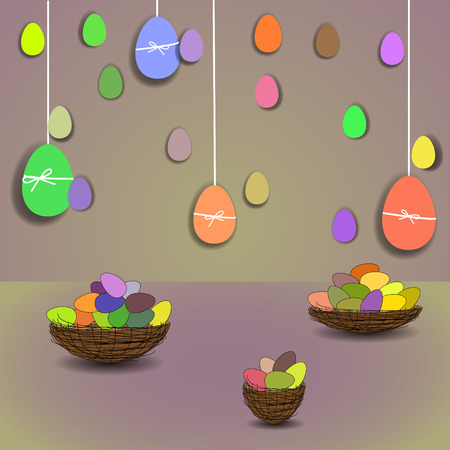 colored Easter eggs and baskets on a purple backgroundのイラスト素材