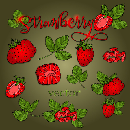Set of strawberries of different shapes with leaves on a green backgroundのイラスト素材