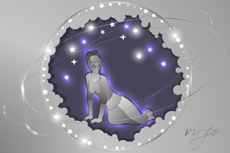 Paper sign of the Zodiac on a background of the starry sky. Abstract illustration. Astrological symbolism.のイラスト素材