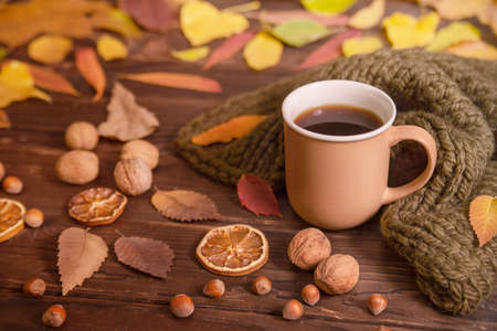 Autumn, fall leaves, hot cup of coffee and warm knitted scarf on wooden table, copy space. Seasonal, morning coffee, sunday rest and home and coziness concept.の写真素材