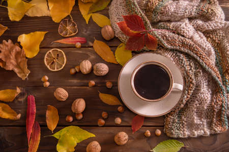 Autumn, fall leaves, hot cup of coffee and warm scarf on wooden table background, top view, copy space. Seasonal, morning coffee, sunday rest and still life concept.の写真素材