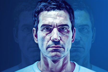 Portrait of a man with taped face against a blue background.の素材