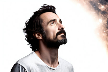 frustrated young man looking up on a white background with smokeの素材