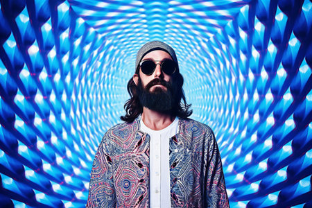 Handsome bearded hipster man in sunglasses and a hat on a blue background.の素材