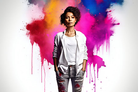 Fashionable african american woman posing at studio with colorful splashes.の素材