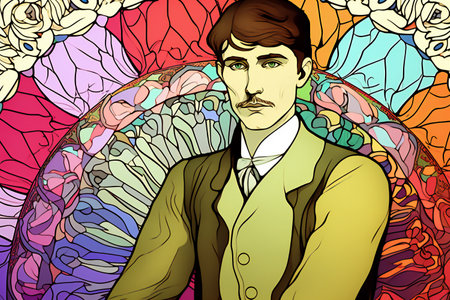 Vector illustration of a handsome man in a suit with flowers in the background.の素材