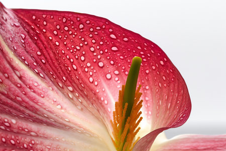 Close up of a pink lily with water drops on white backgroundの素材