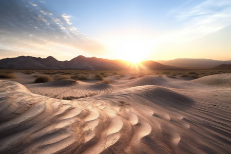 Sunset in the desert with sand dunes and mountains in the backgroundの素材
