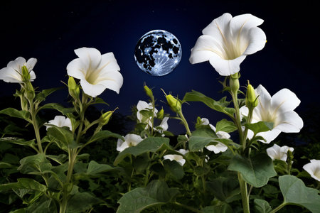 White flowers and the moon in the night sky. Nature background.の素材