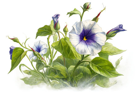 watercolor drawing of blue morning glory with green leaves on white backgroundの素材