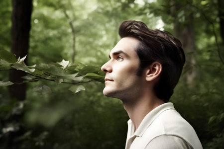 Portrait of a handsome young man in the forest. Men's beauty, fashion.の素材