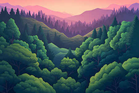 Beautiful landscape with forest and mountains in the morning. illustration.の素材