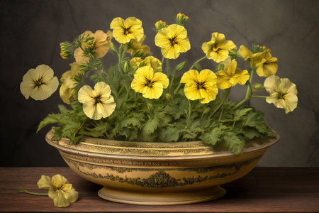 Yellow pansy flowers in a vase on a wooden table.の素材