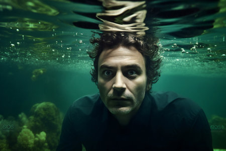 Portrait of a man underwater in the sea. Underwater photography.の素材