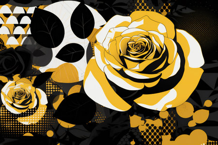 abstract background with roses and geometric elements in black and yellow colorsの素材