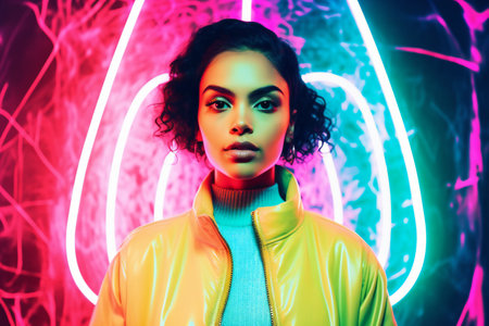 Fashion portrait of a beautiful young woman in a bright neon light.の素材