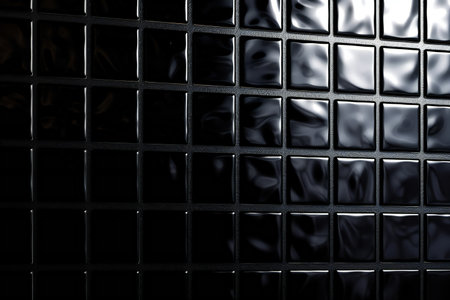 Black and white abstract background with black metal grid and light reflection.の素材