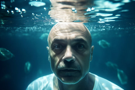 Close-up portrait of an old man looking at the camera underwater.の素材