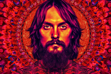 Jesus Christ with a lot of red flowers. Colorful illustration.の素材