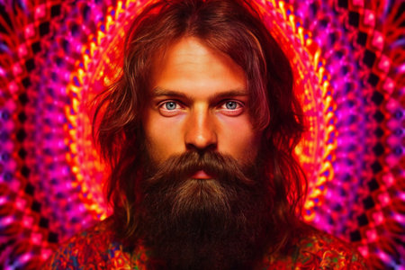 Portrait of a handsome young man with long beard and mustache.の素材