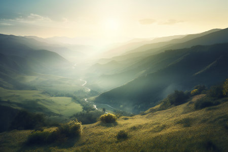 Mountain landscape with river at sunrise. Beautiful summer morning in the mountainsの素材