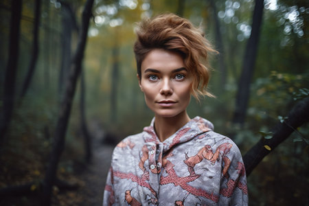 Portrait of a beautiful young woman in autumn forest. Beauty, fashion.の素材
