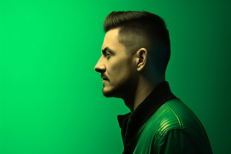 Portrait of a handsome young man in a green t-shirt. Studio shot.の素材