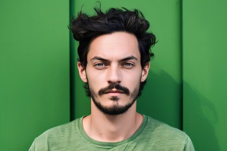 Handsome young man with beard and mustache looking at camera against green wallの素材